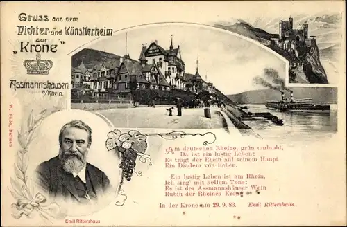 Gedicht Ak Assmannshausen Rüdesheim am Rhein, Künstlerheim zur Krone, Gedicht von Emil Rittershaus