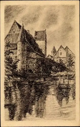 Künstler Ak Dinkelsbühl im Kreis Ansbach Mittelfranken, Blick zur Stadtmühle
