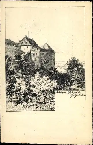 Künstler Ak Tübingen am Neckar Baden Württemberg, Teilansicht vom Schloss mit Turm
