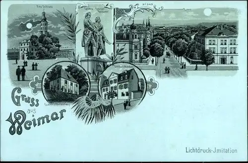 Mondschein Litho Weimar in Thüringen, Schloss, Denkmal, Goethes Gartenhaus, Schillers Wohnhaus