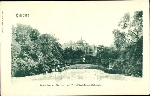 Ak Hamburg Mitte St. Pauli, Botanischer Garten und Zoll Direktionsgebäude, Partie auf der Brücke