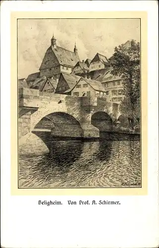 Künstler Ak Besigheim im Kreis Ludwigsburg, Stadtpanorama, Flusspartie, Brücke