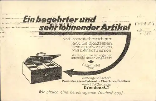Ak Panzerkassen-, Fahrrad- und Maschinenfabriken H.W. Schladitz aus Dresden,Geldkasette,Reklamekarte
