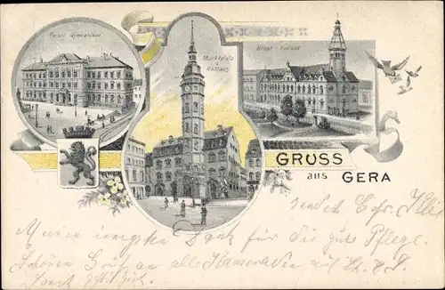 Litho Gera in Thüringen, Gymnasium, Marktplatz, Rathaus, Postamt, Wappen
