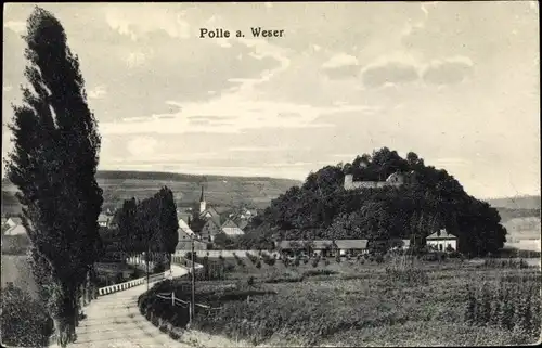 Ak Polle an der Weser in Niedersachsen, Blick zum Ort und Burgruine, Kirche