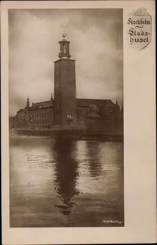 Ak Stockholm Schweden, Stadshuset, Blick auf das Stadthaus, Wasserspiegelung