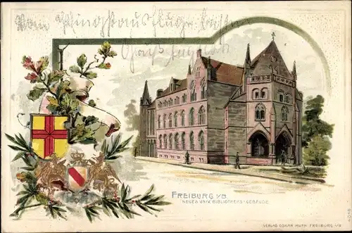 Präge Wappen Passepartout Litho Freiburg im Breisgau Baden Württemberg, Neue Universitätsbibliothek