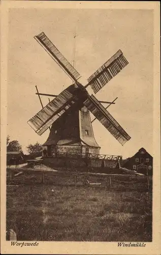 Ak Worpswede in Niedersachsen, Totalansicht von der Windmühle