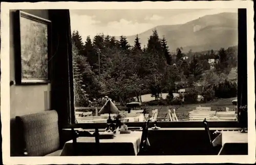 Ak Szklarska Poręba Schreiberhau Riesengebirge Schlesien, Kurhotel Lindenhof, Blick vom Speisesaal