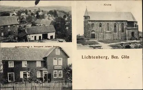 Ak Lichtenberg Morsbach im Oberbergischen Kreis, Kirche, Gastwirtschaft und Metzgerei Johann Reuber