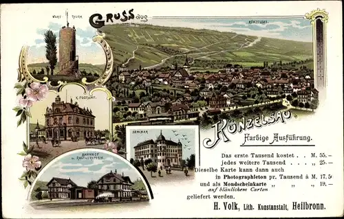 Litho Künzelsau im Hohenlohekreis Baden Württemberg, Wartturm, Postamt, Bahnhof, Seminar