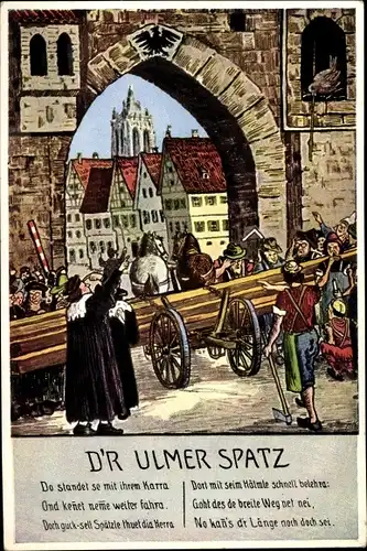 Lied Ak Ulm an der Donau Baden Württemberg, Ulmer Spatz, Szene am Stadttor