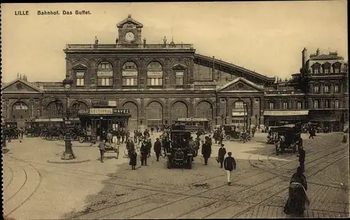 Ak Lille Nord, La Gare, Blick auf den Bahnhof, Buffet, Straßenbahn, Autos
