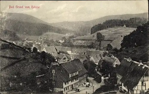 Ak Bad Grund im Harz, Blick auf den Ort vom Kelstal, Felder, Häuser