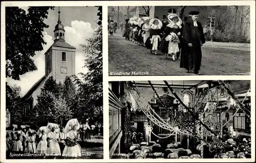 Ak Burg im Spreewald, Kirchgang, Spreewälderinnen kommen aus der Kirche, Wendische Hochzeit