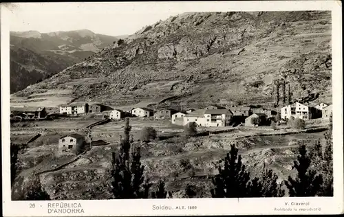 Ak Soldeu Andorra, Ortspanorama aus der Ferne, Wohnhäuser