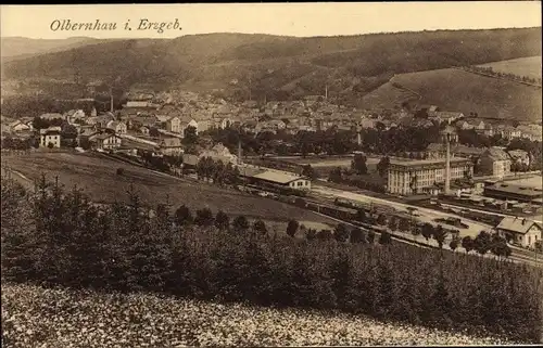 Ak Olbernhau im Erzgebirge Sachsen, Panoramaansicht von Ortschaft und Umgebung, Bahnhof