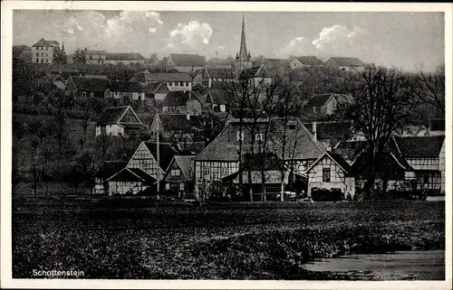 Ak Schottenstein Itzgrund Oberfranken, Totalansicht der Ortschaft, Fachwerkhäuser, Kirchturm
