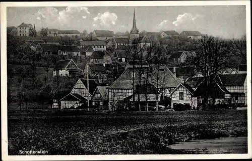 Ak Schottenstein Itzgrund Oberfranken, Totalansicht der Ortschaft, Fachwerkhäuser, Kirchturm