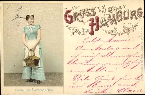 Litho Hamburg, Portrait von einem Hamburger Dienstmädchen mit Korb
