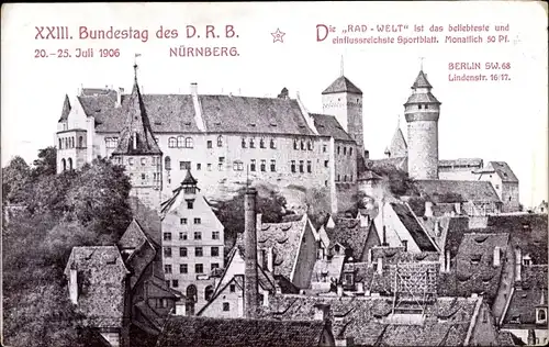 Ak Nürnberg in Mittelfranken Bayern, Teilansicht der Stadt, XXIII. Bundestag des D. R. B., 1906