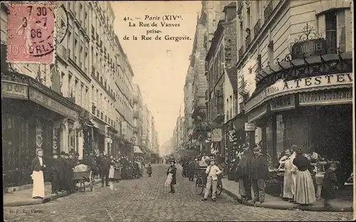 Ak Paris, La Rue de Vanves prise de la Rue de Gergovie, Geschäft F. Michel, Passanten