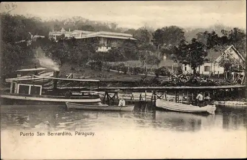 Ak San Bernardino Paraguay, El Puerto, Boote im Hafen, Wohnhäuser