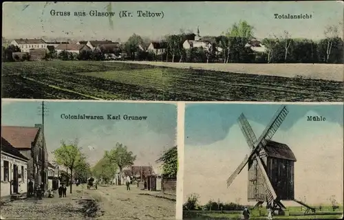 Ak Glasow Mecklenburg Vorpommern, Totalansicht, Kolonialwarenhandlung Karl Grunow, Windmühle