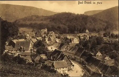 Ak Bad Grund im Harz, Totalansicht der Ortschaft mit Umgebung, Straßenpartie, Berge, Stengel 9429