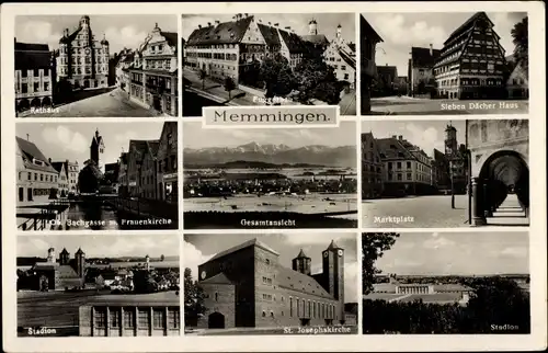 Ak Memmingen in Schwaben, Rathaus, Fuggerbau, Sieben Dächer Haus, Bachgasse, Stadion, Josephskirche