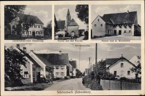 Ak Schönebach Ziemetshausen Schwaben, Lindenmair'sche Handlung, Mühle von A. Welzhofer, Kirche