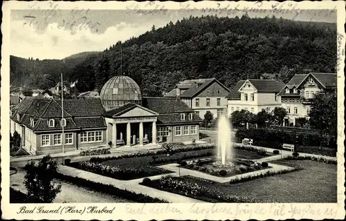 Ak Bad Grund im Harz, Blick auf das Kurbad, Kurpark mit Wasserfontaine