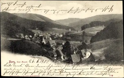 Ak Bad Grund im Harz, Panoramaansicht der Ortschaft mit Umgebung, Wald, Felder