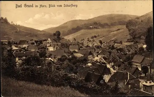 Ak Bad Grund im Harz, Blick vom Schurfberg auf den Ort mit Umgebung