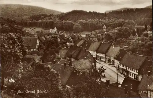 Ak Bad Grund im Harz, Totalansicht der Ortschaft, Fachwerkhäuser, Wald