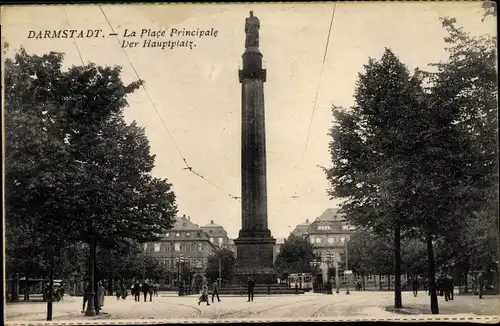 Ak Darmstadt in Hessen, Partie auf dem Hauptplatz  mit Blick auf die Ludwigssäule