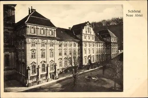 Ak Schöntal im Hohenlohekreis, Blick auf die neue Abtei, Brunnen, Fassade