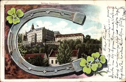 Passepartout Ak Gera in Thüringen, Schloss Osterstein, Hufeisen, Kleeblätter