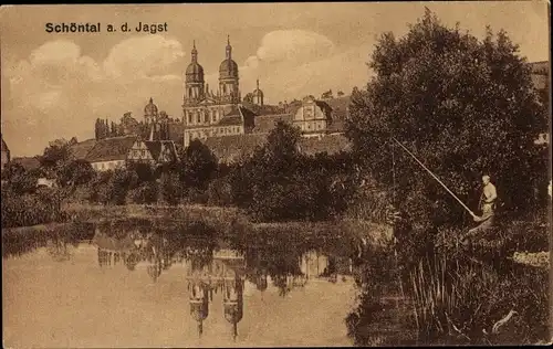 Ak Schöntal im Hohenlohekreis, Blick zum Kloster, Angler am Ufer, Wasserspiegelung