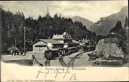 Ak Brünig Halbkanton Obwalden, Station der Brünigbahn, Schmalspurbahn, Restaurant