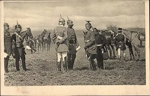 Ak Kaiser Wilhelm II. besucht die Truppen im Felde, Deutsche Soldaten in Uniformen