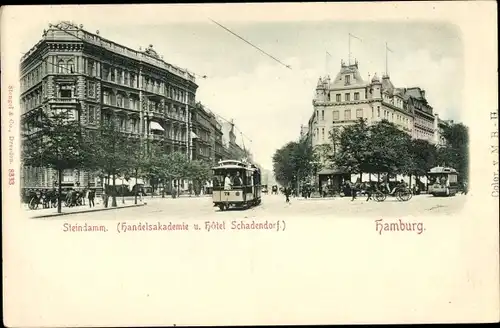 Ak Hamburg Mitte St. Georg, Steindamm, Handelsakademie und Hotel Schadendorf, Straßenbahn