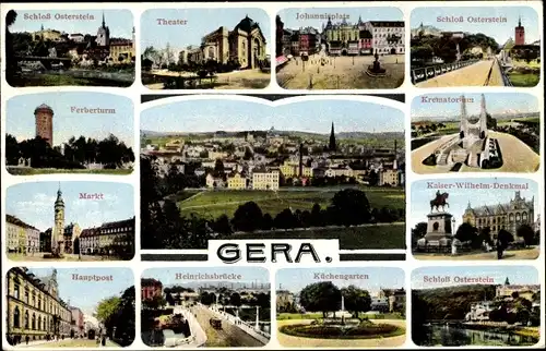 Ak Gera in Thüringen, Schloss Osterstein, Theater, Johannisplatz, Markt, Krematorium, Küchengarten