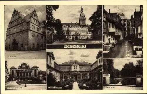 Ak Wolfenbüttel in Niedersachsen, Klein Venedig, Schloss, Oker, Marstall, Trinitatiskirche