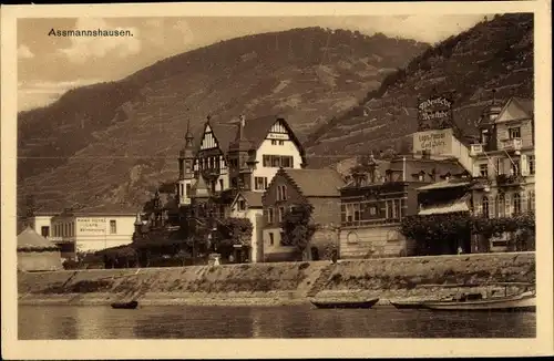 Ak Assmannshausen Rüdesheim am Rhein, Blick vom Rhein zum Ort, Altdeutsche Weinstube Carl Petry