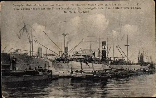 Ak Dampfer Helmsloch, Hamburger Hafen, 78000 Zentner Mais im Hafen löschend 1921