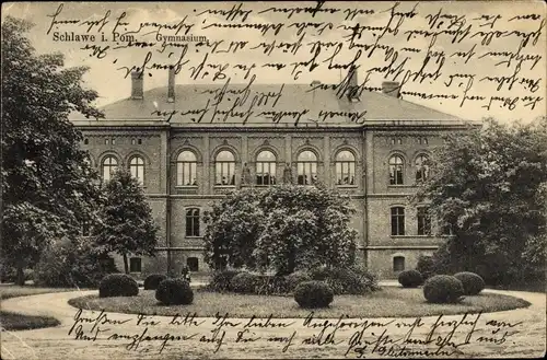 Ak Sławno Schlawe Pommern, Gymnasium, Vorgarten