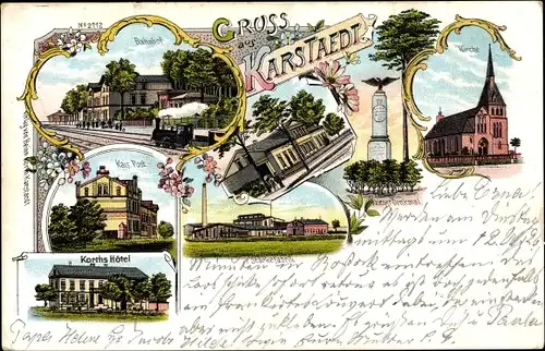 Litho Karstädt in der Prignitz, Bahnhof, Kirche, Kriegerdenkmal, Post, Korths Hotel