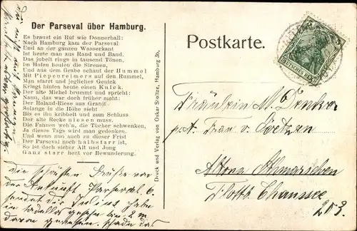 Ak Hamburg, Der Parseval über der Stadt, Zeppelin, Sankt Michaelis Kirche, Bismarck Denkmal