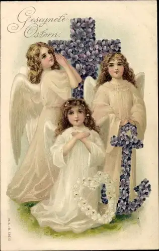 Präge Litho Glückwunsch Ostern, Engel mit Kreuz, Anker und Herz, Allegorie, Veilchen